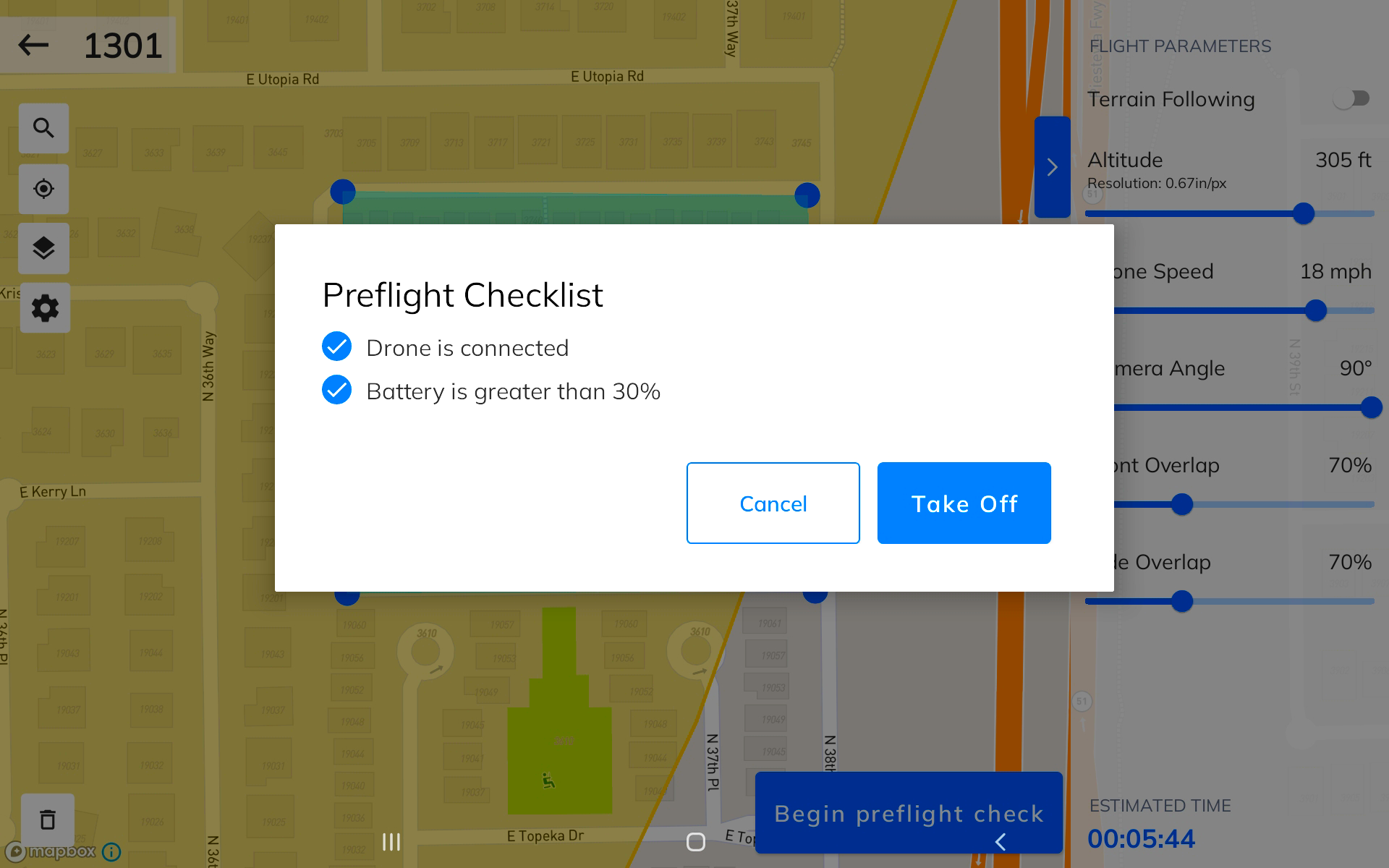 A screenshot of Mapware Fly displaying a two-step preflight checklist just before takeoff