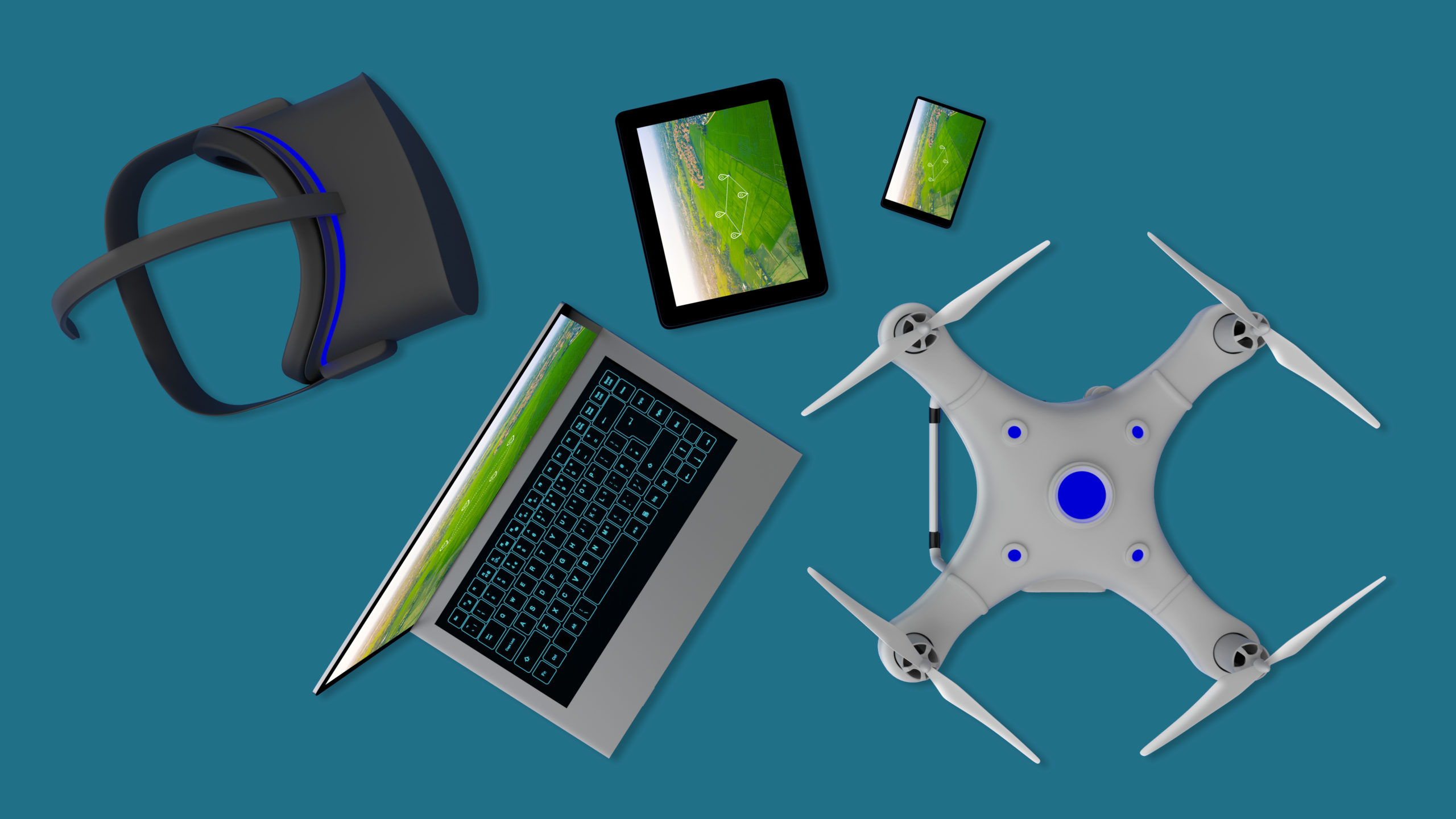 A drone, laptop, tablet, smartphone, and FPV headset