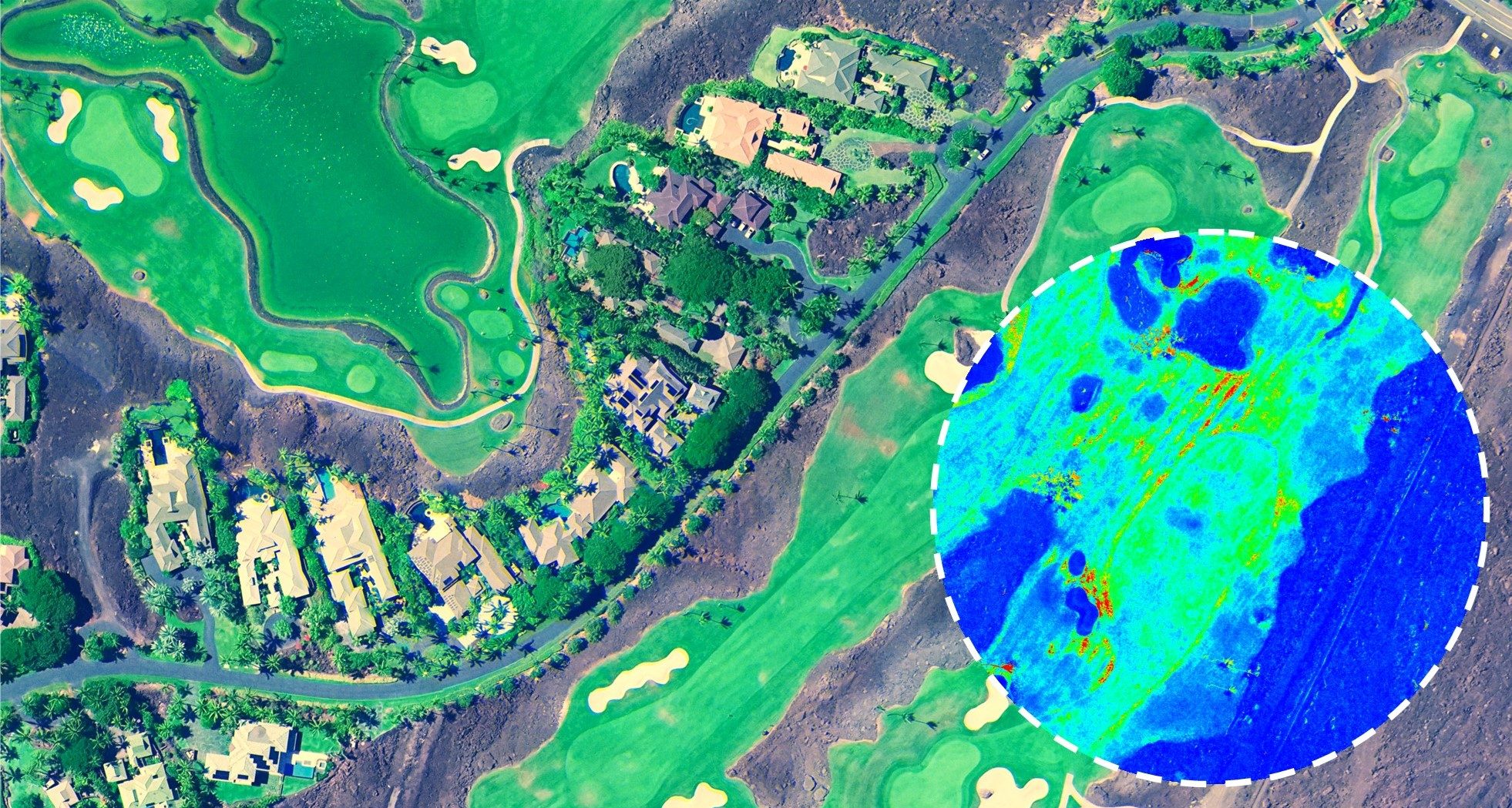 Large aerial golf course survey imagery with a cutout showing the same areas in NDVI, which indicates turfgrass health.