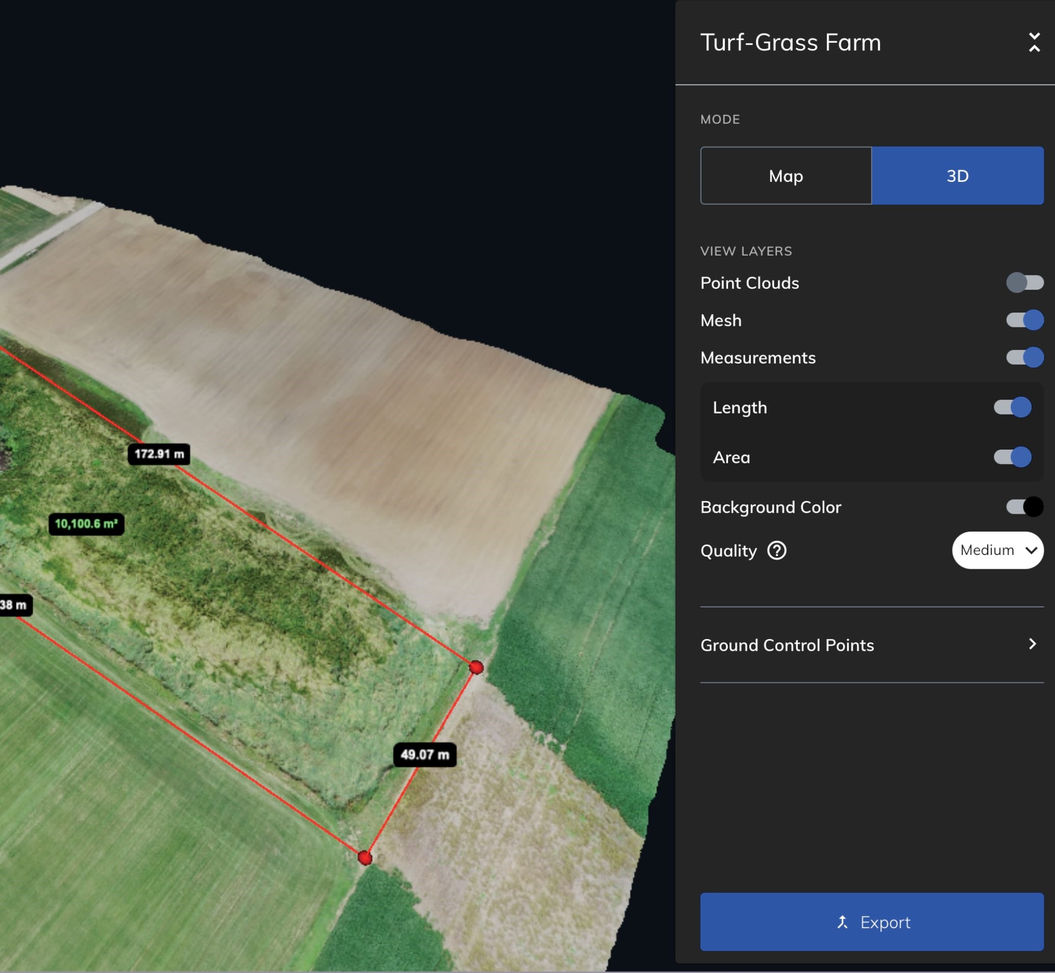 A screenshot of the Mapware platform showing an aerial turf inspection in 3D