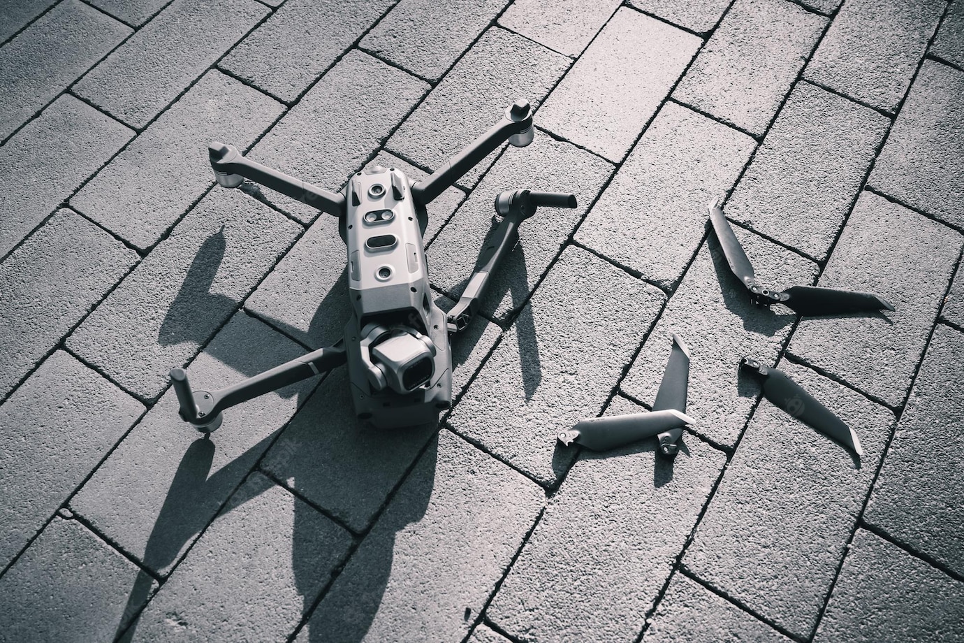 A broken drone on the ground